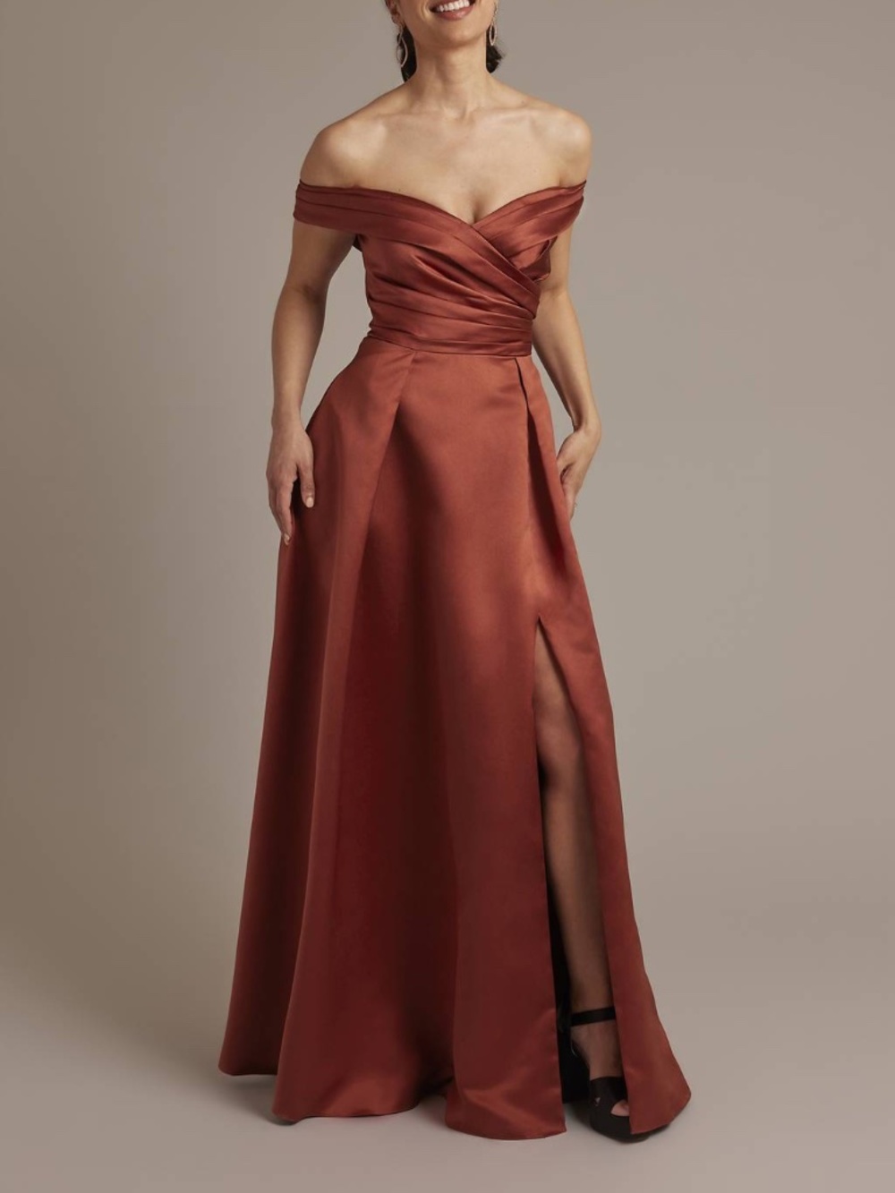 David's Bridal Satin Off-the-Shoulder Ball Gown Bridesmaid Dress - Cinnamon